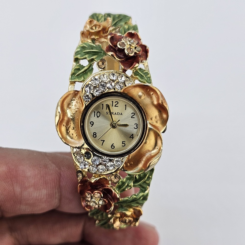 Strada Women's Cuff Watch 30MM Gold Dial Mulicolor Flower Bands 5.5" NEW Battery